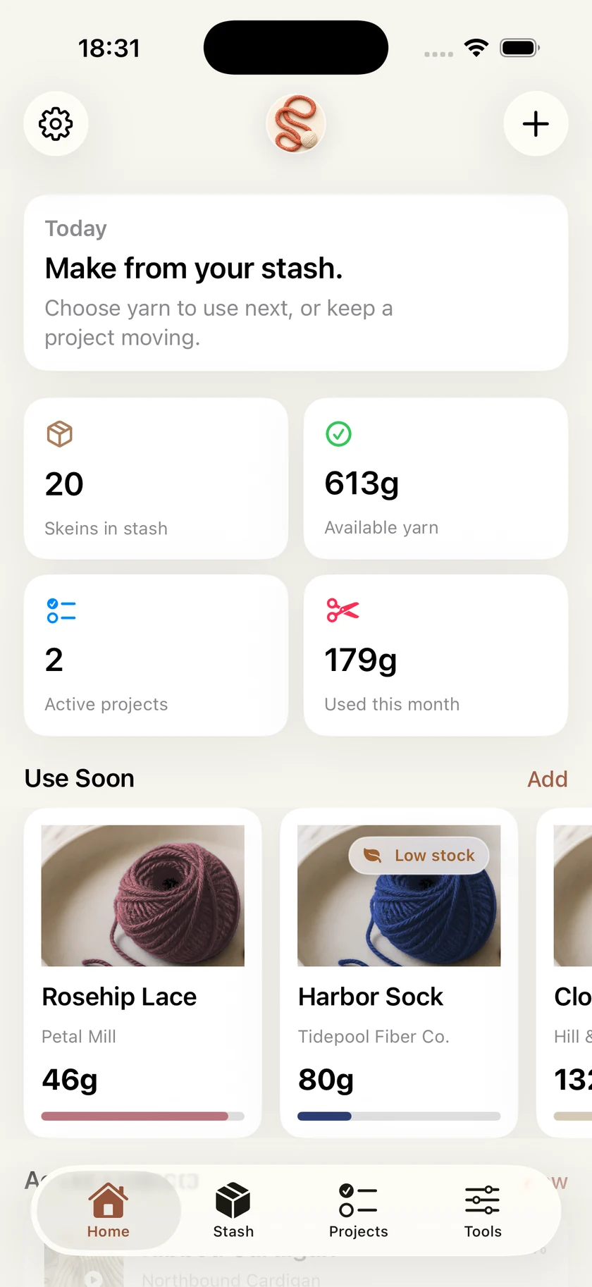 Stashora home showing yarn available and active projects