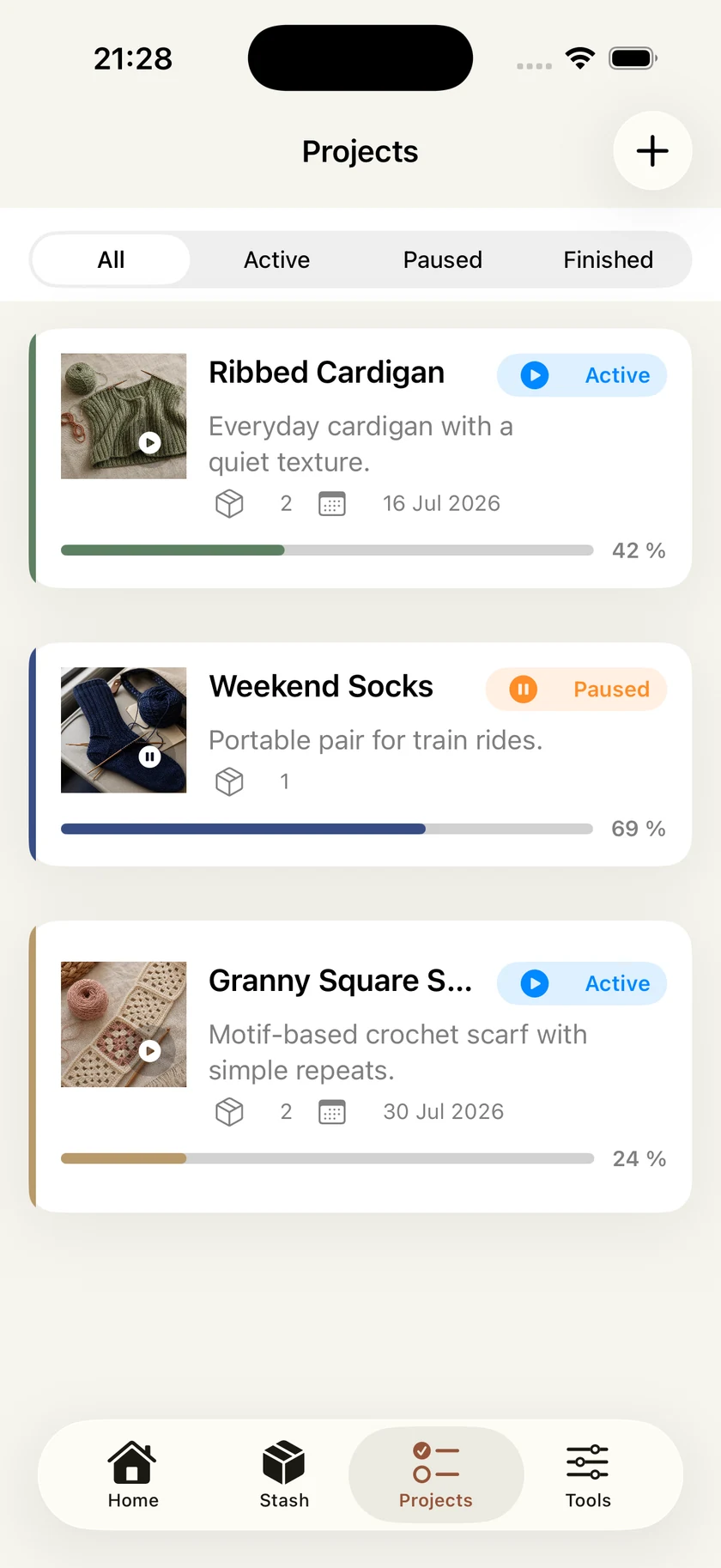 Stashora knitting and crochet projects with progress tracking